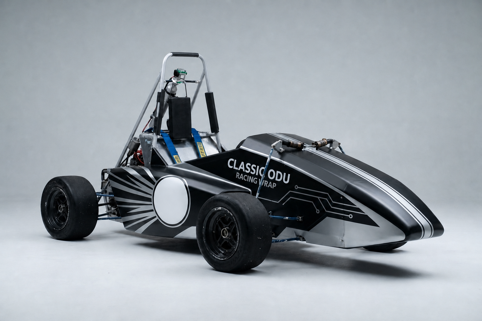 Racing Car Wrap with Black and White Tech Design