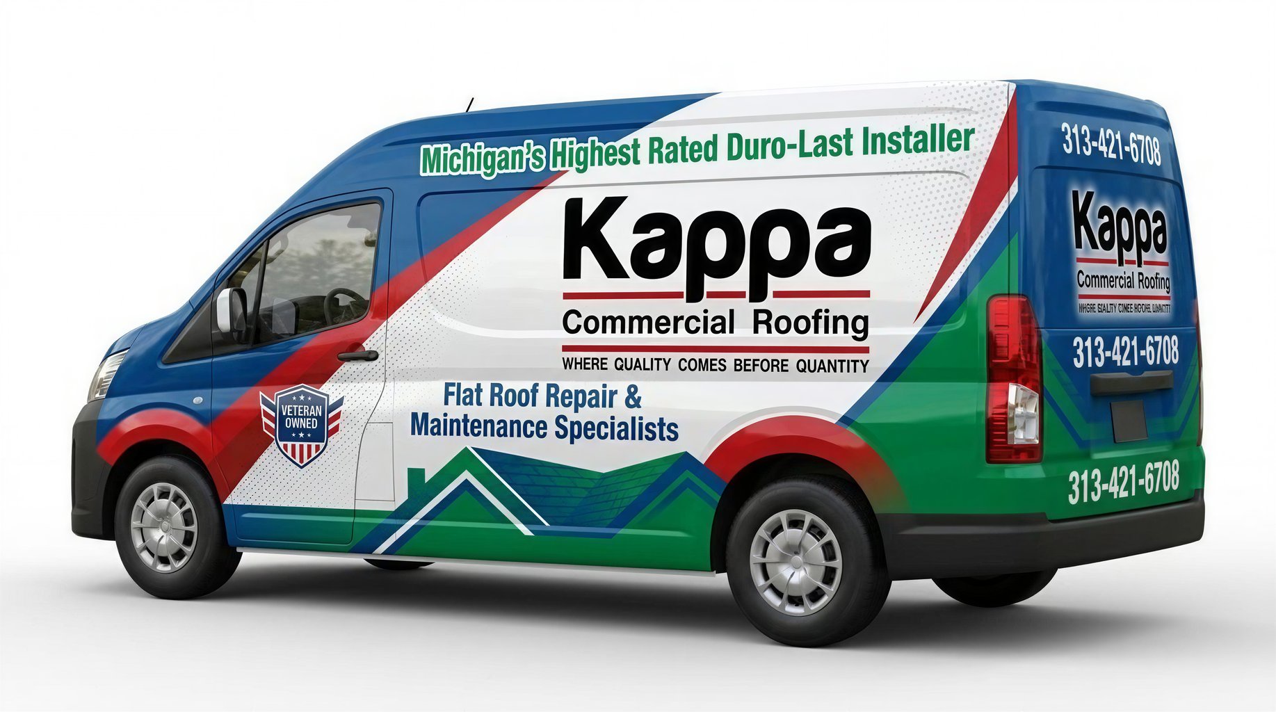 Patriotic Roofing Service Van Wrap with Red, White, and Blue Accents