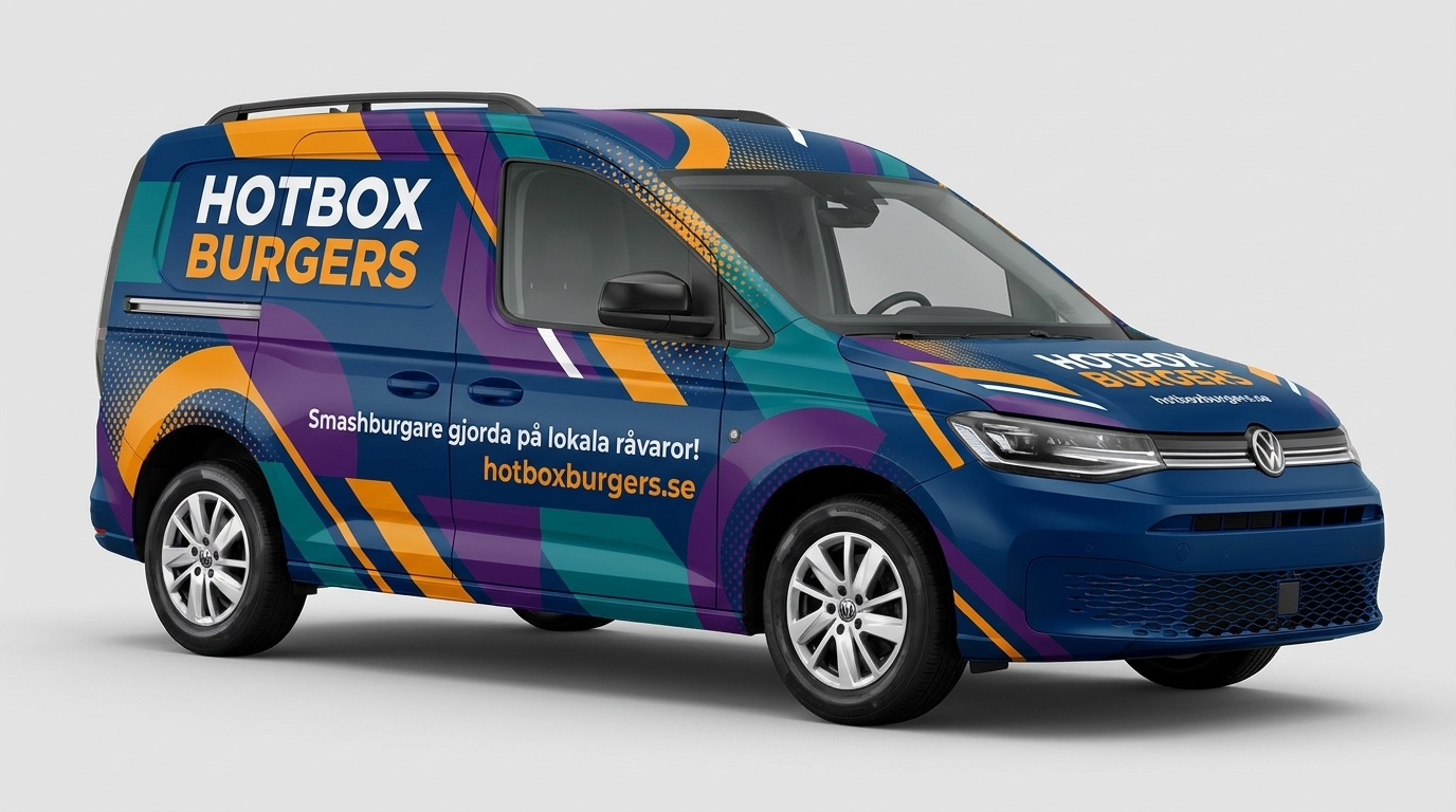 Modern food truck wrap design in blue, orange, and purple