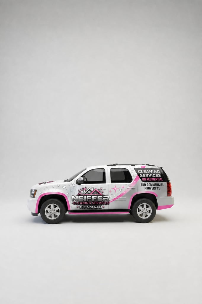 White and Pink Cleaning Services SUV Wrap Design