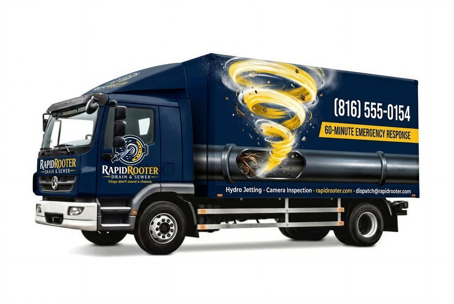 Professional Drain Service Box Truck Wrap with Navy and Yellow Spiral Design