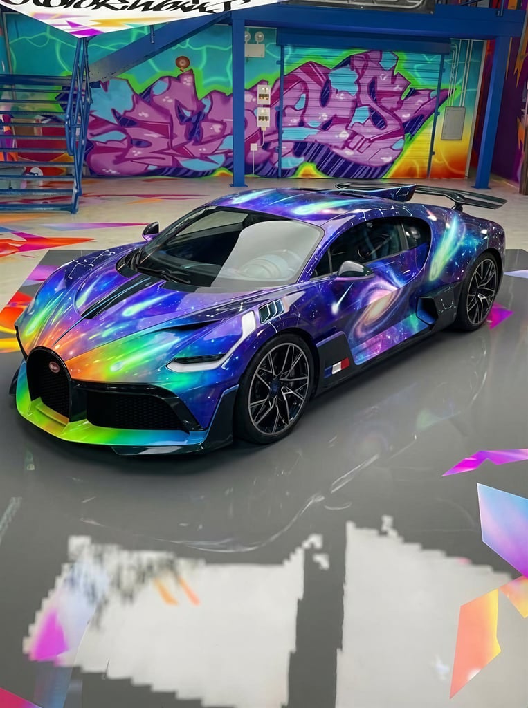 sleek sports car with glossy cosmic design in vibrant colors