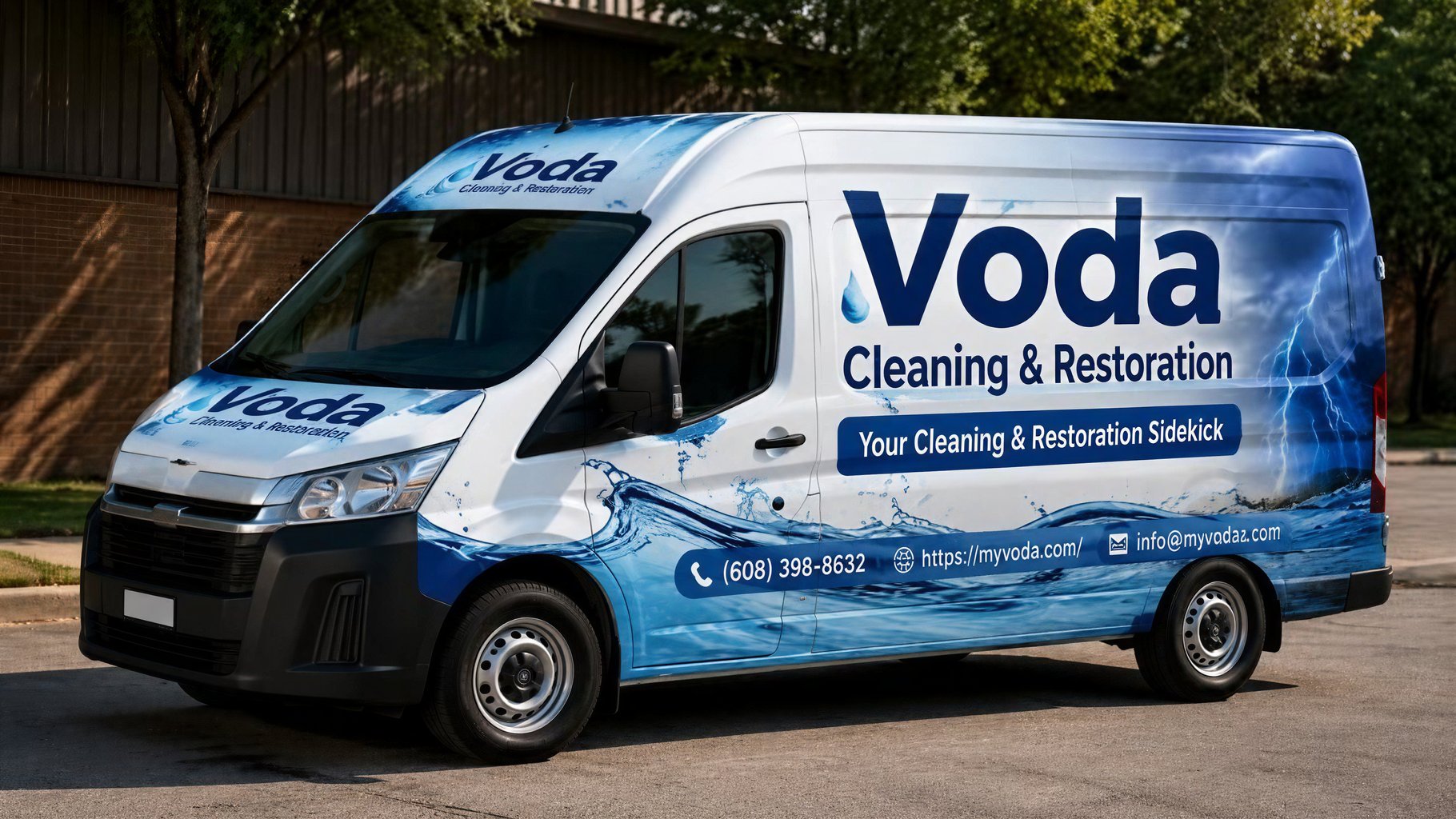 Professional cleaning and restoration van wrap with water design