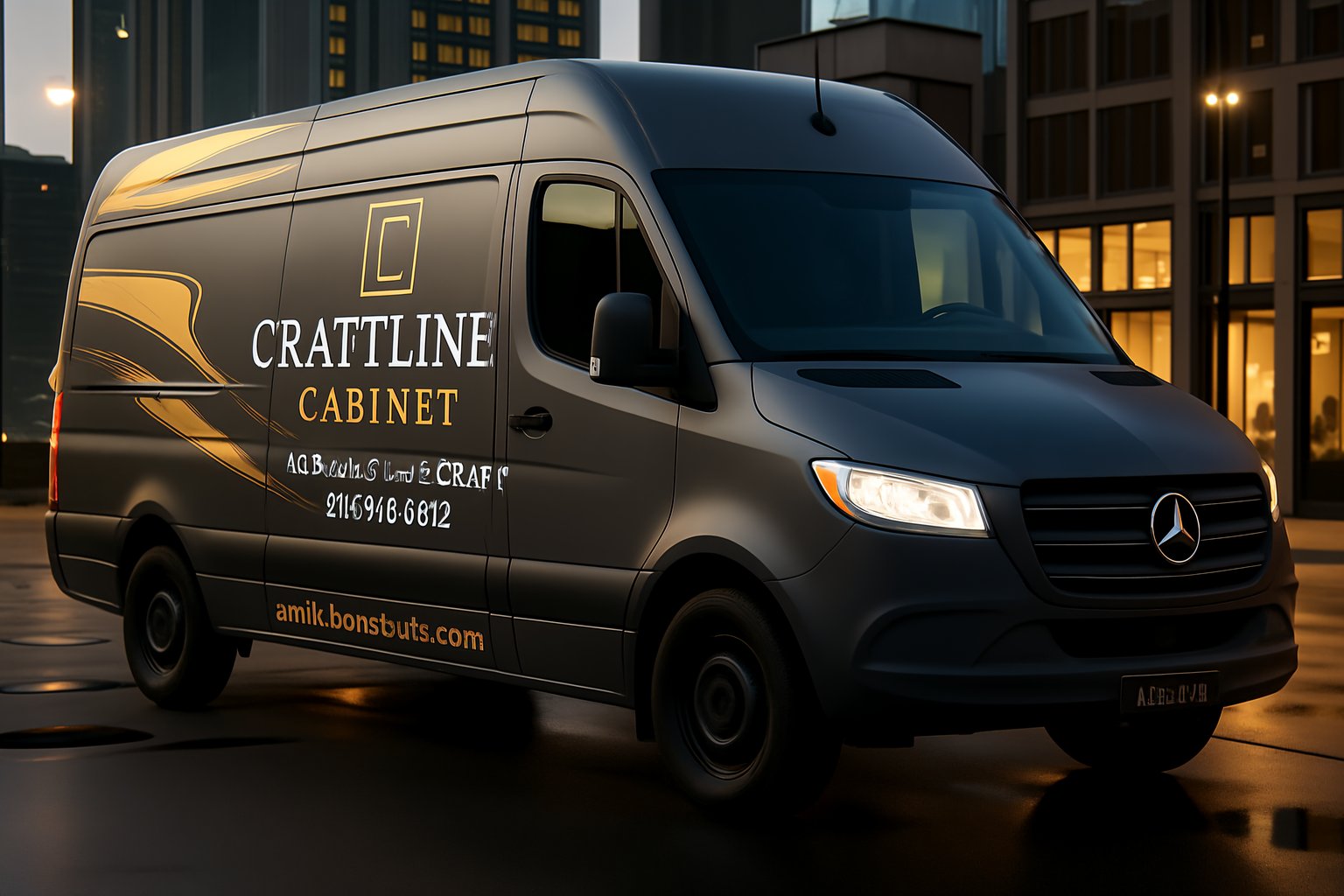 A black Mercedes-Benz delivery van with CRATTLINE CABINET and contact information in sleek van wrap designs is parked on a wet city street near modern buildings at sunset.