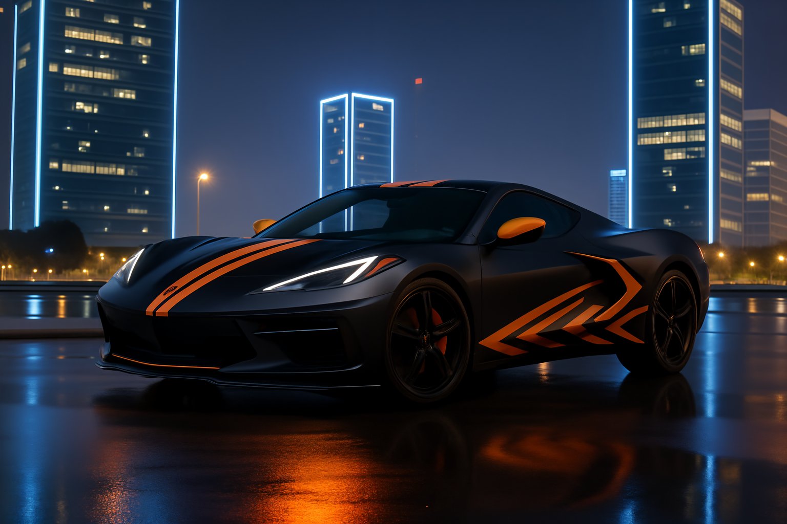 Satin black sports car with burnt orange stripes and urban graphics