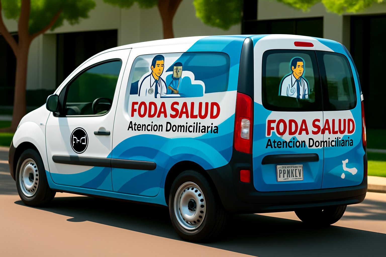 A medical service van featuring creative van wrap designs with FODA SALUD Atención Domiciliaria written on the side, decorated with illustrations of doctors, driving on a sunny street.