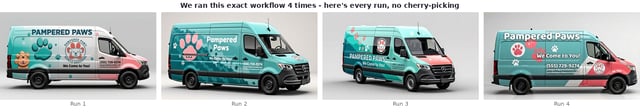 Workflow 3: four test runs showing the most creative and consistent results with correct text