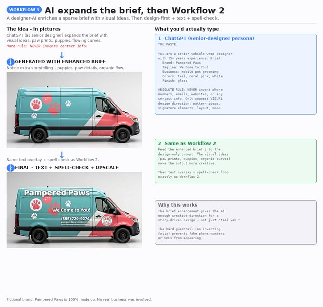 Workflow 3: AI enriches a sparse brief with creative visual ideas, then design-first generation with spell-check — step-by-step guide