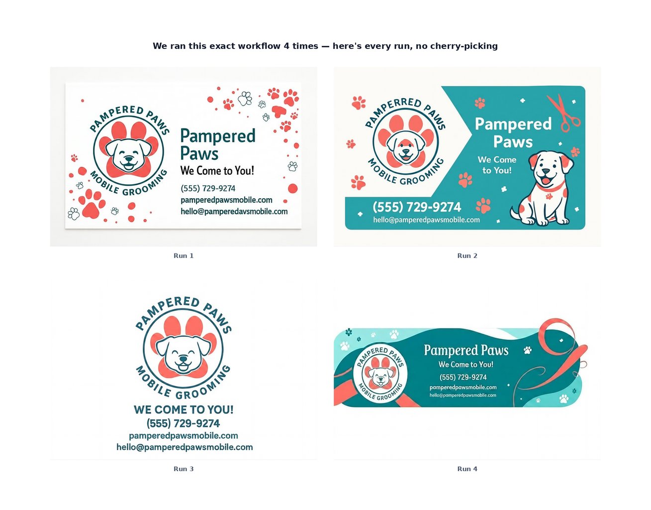 Workflow 2: four runs — text is much better, but the panels are still nearly square and design quality varies