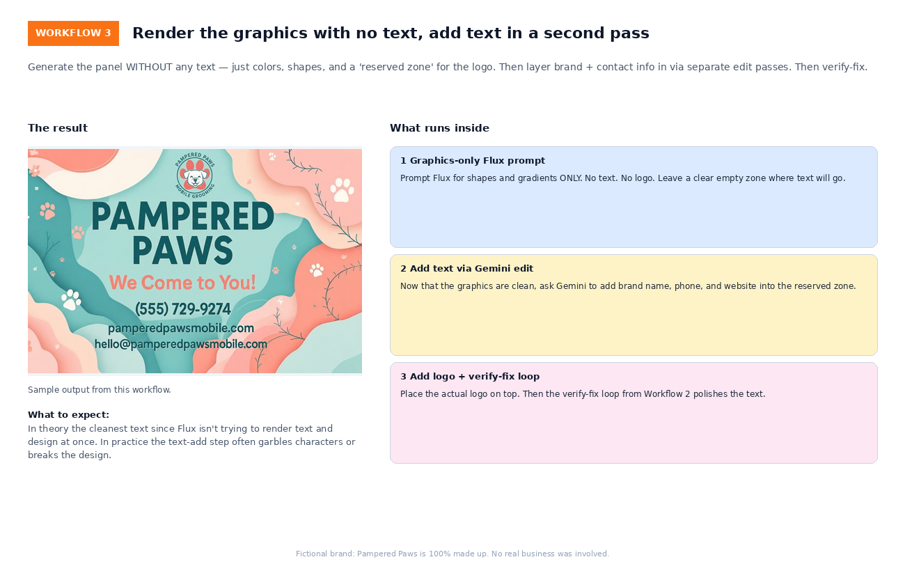 Workflow 3: Generate graphics with no text at all, then layer text in via a second pass, then verify-fix