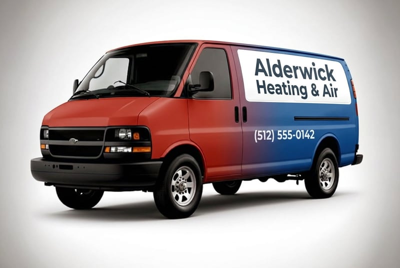 AI concept: cargo van with a red-to-blue wrap and 'Alderwick Heating & Air' on a white panel