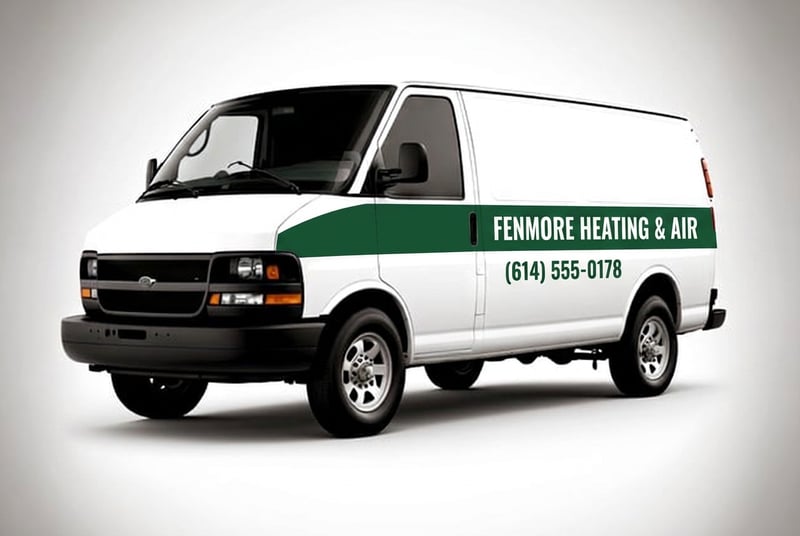 AI concept: white cargo van with one deep green band carrying 'Fenmore Heating & Air'