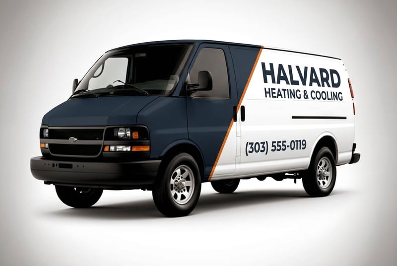 AI concept: cargo van, navy at the front and white at the back, 'Halvard Heating & Cooling' where the colors meet