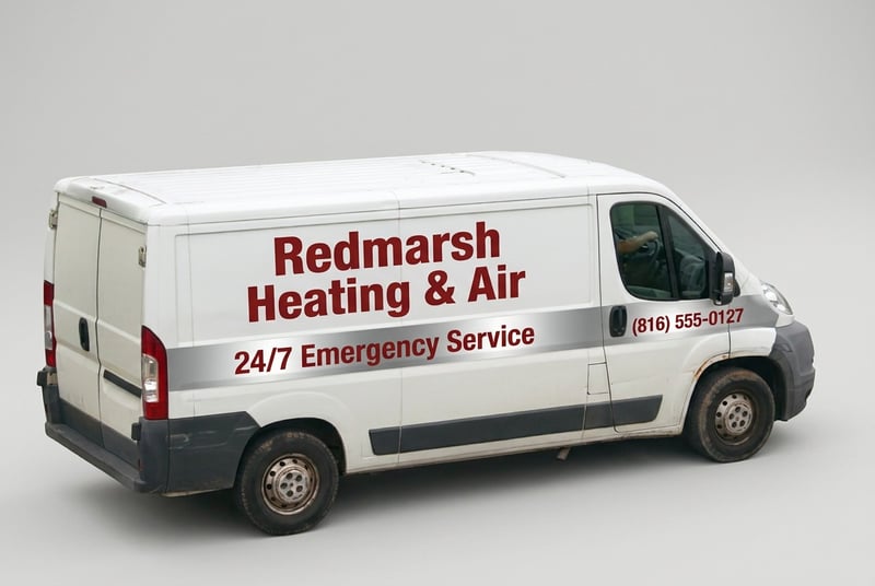 AI concept: white high-roof van with a reflective silver band reading '24/7 Emergency Service' under 'Redmarsh Heating & Air'