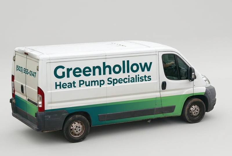 AI concept: white high-roof van with 'Greenhollow Heat Pump Specialists' in teal and a teal-to-green band