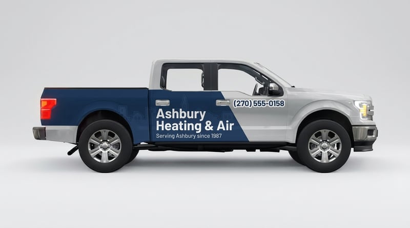 AI concept: silver pickup with a navy rear panel reading 'Ashbury Heating & Air, Serving Ashbury since 1987' over a faint skyline
