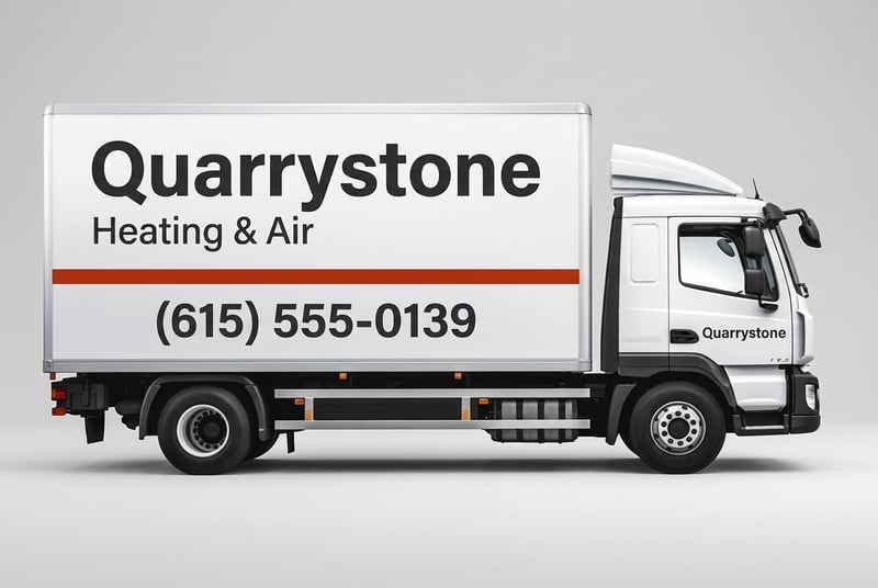 AI concept: white box truck with 'Quarrystone Heating & Air', a red bar and a large phone number on the box