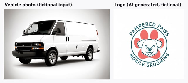 Fictional test input: a white cargo van photo and an AI-generated Pampered Paws logo
