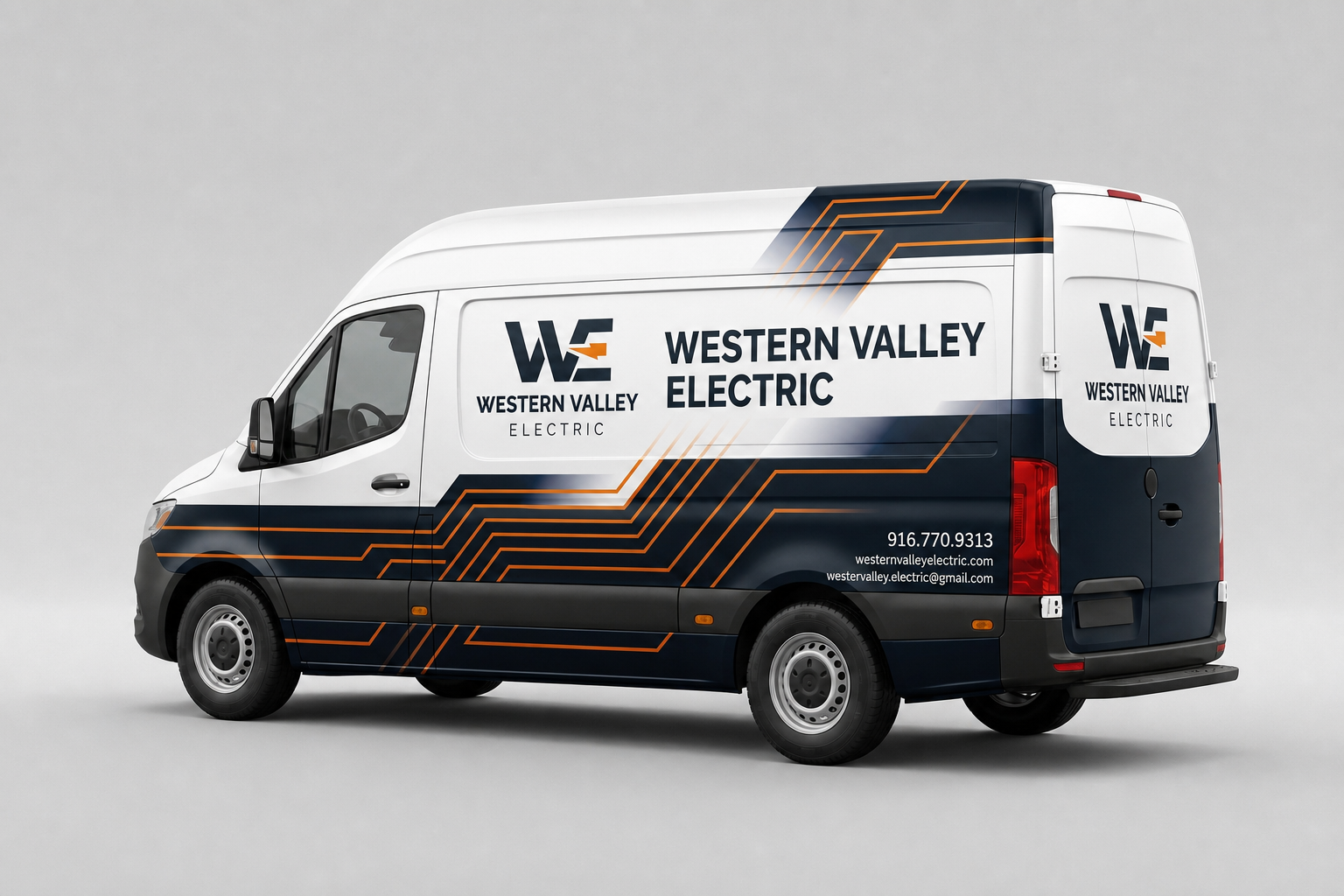 Electrician Van Wrap with Black and Orange Circuit Design