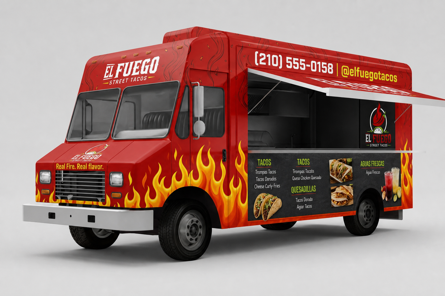 Chili-Red Food Truck Wrap with Flames and Menu Panel