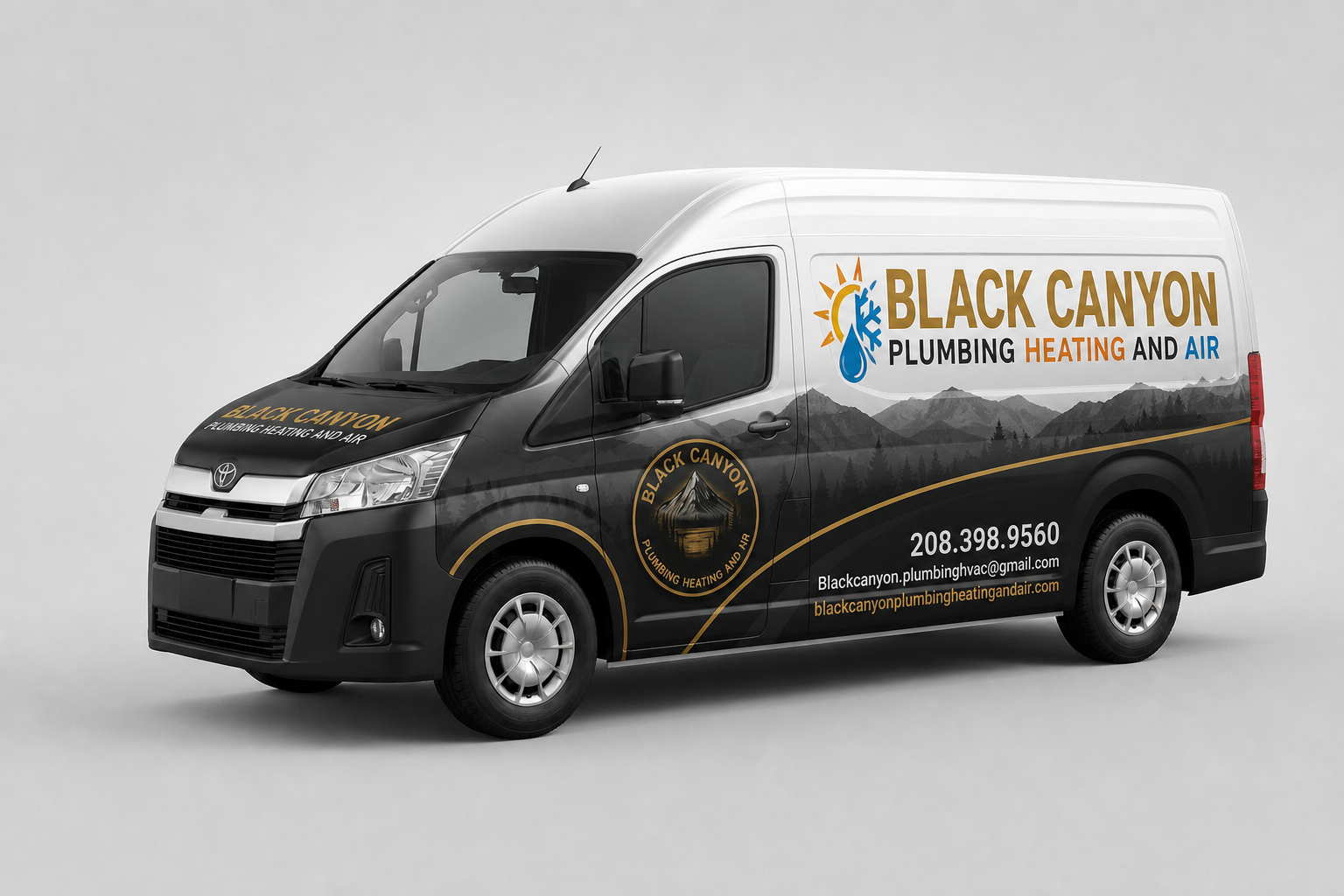 Plumbing and HVAC service van with black and white wrap design