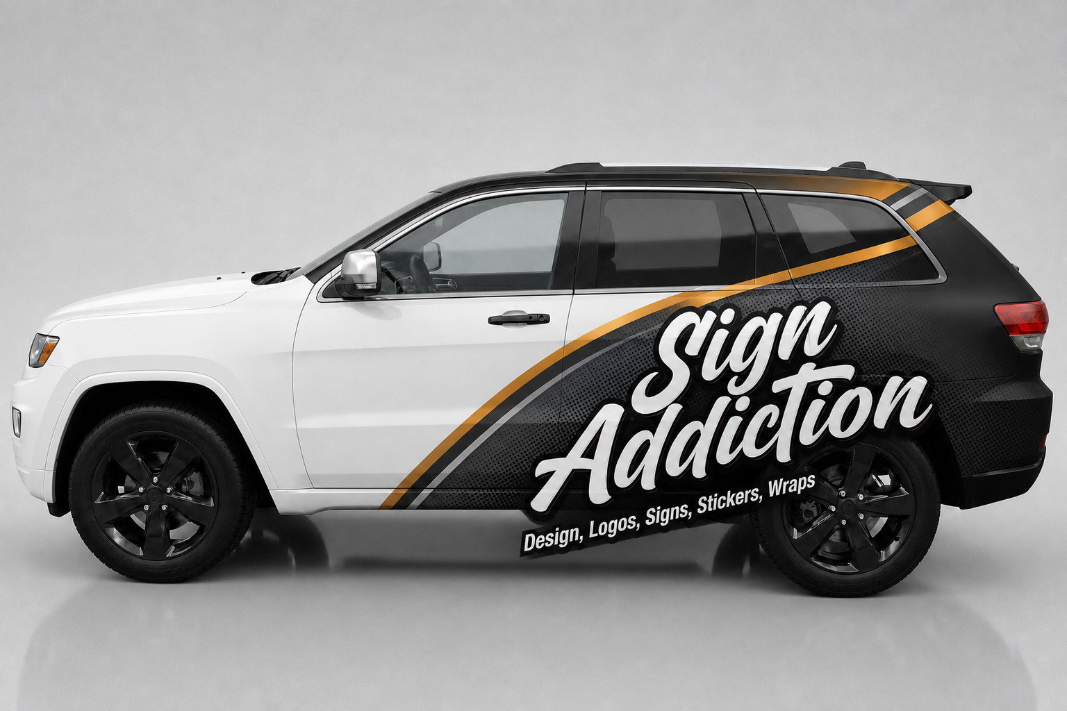 SUV wrap with bold black, white, and gold commercial design
