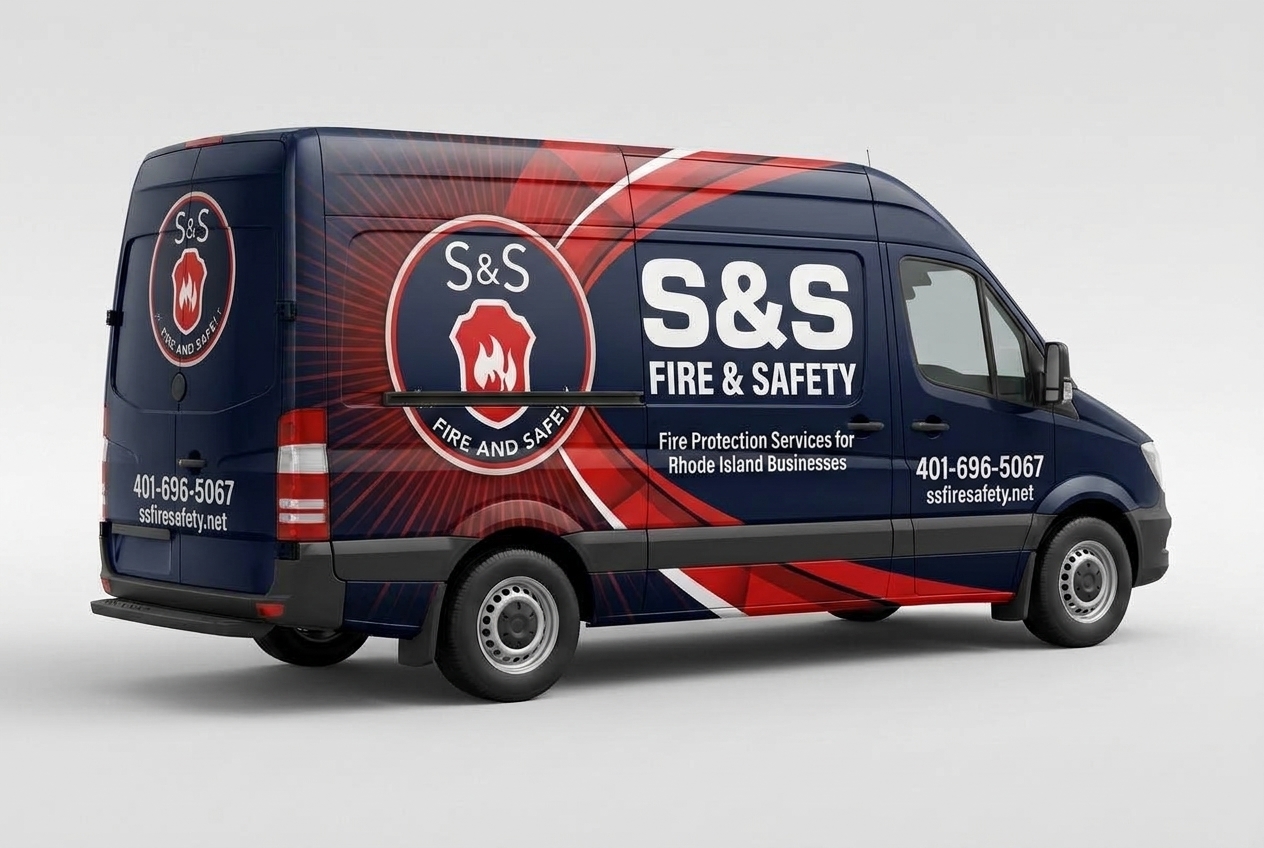 Fire Protection Services Van Wrap with Red and Blue Design