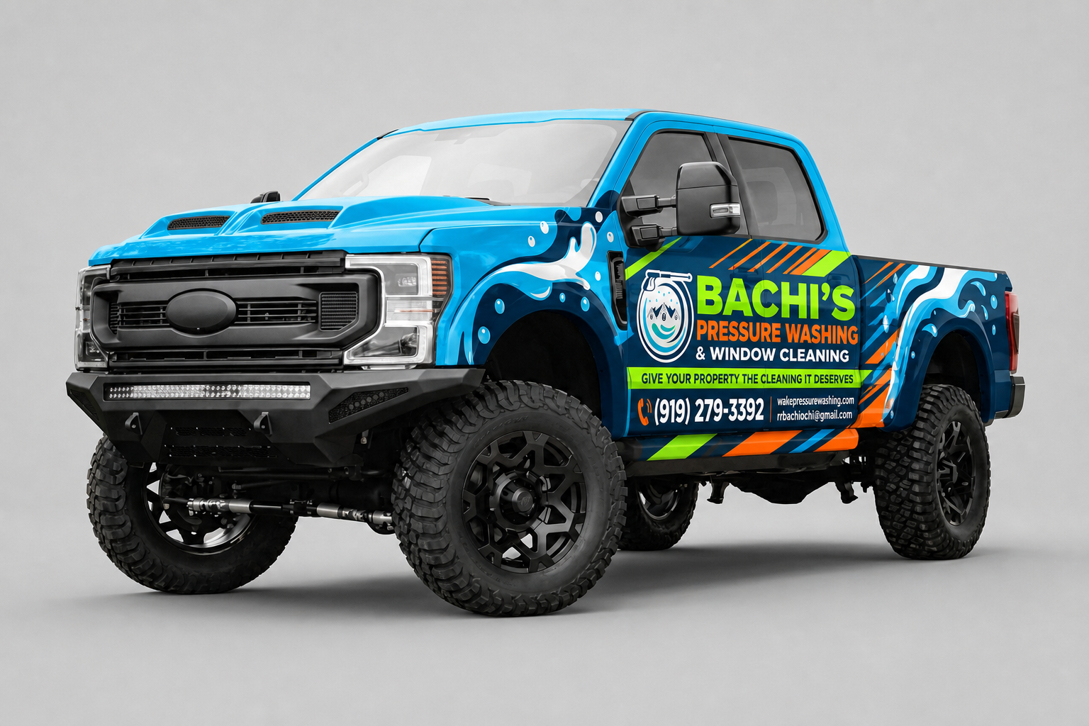 Partial Wrap for Pressure Washing Service Truck in Vibrant Blue
