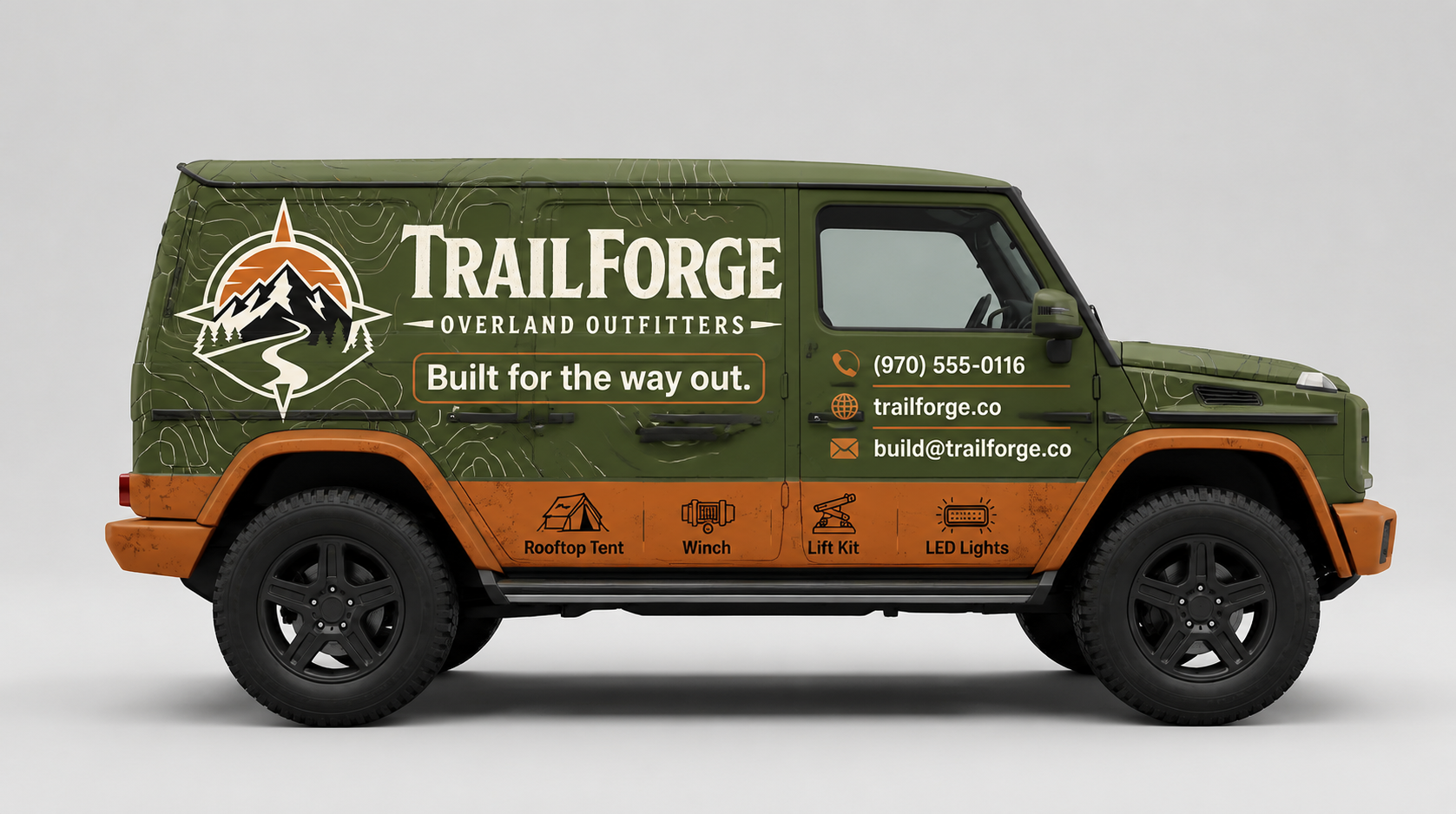 Expedition SUV with rugged green and orange design