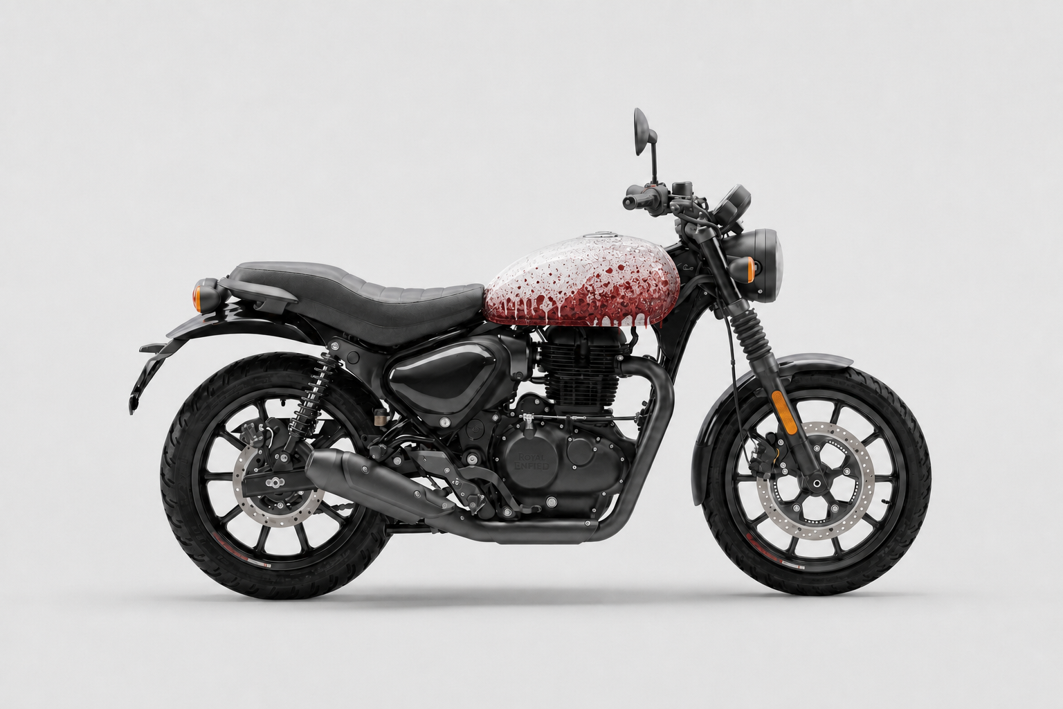 Motorcycle with Blood-Splatter Fuel Tank Wrap in Bold Red Design