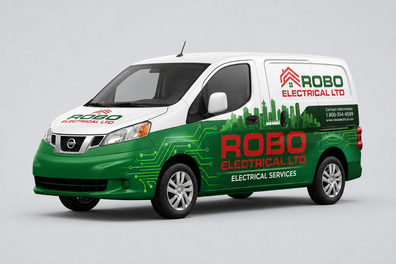 Electrical services van wrap with green tech-themed design
