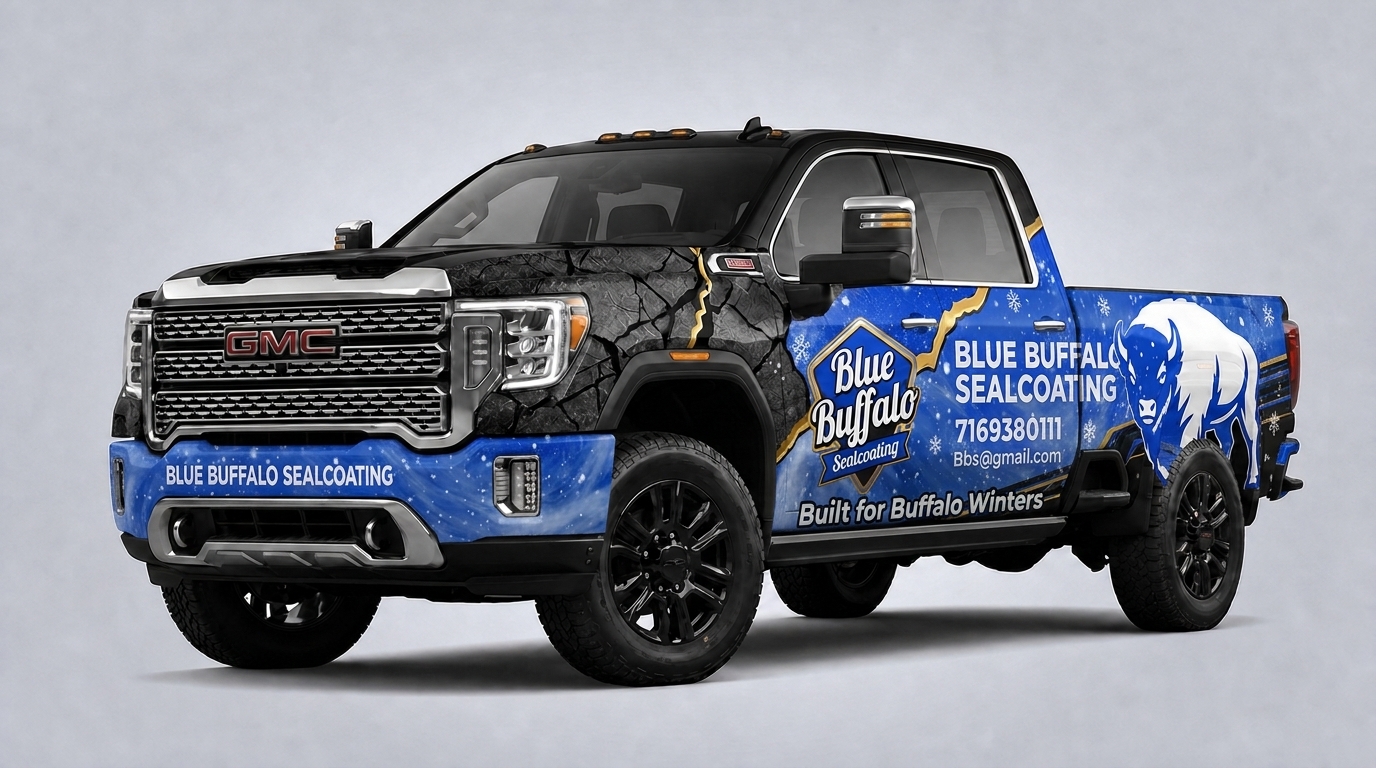 Industrial blue and black truck wrap with rugged sealcoating theme