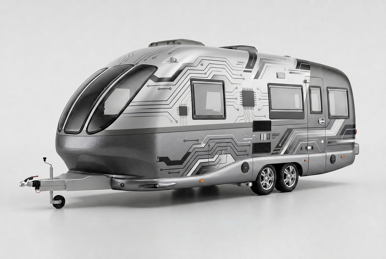 Modern circuit-themed caravan wrap in silver and gray