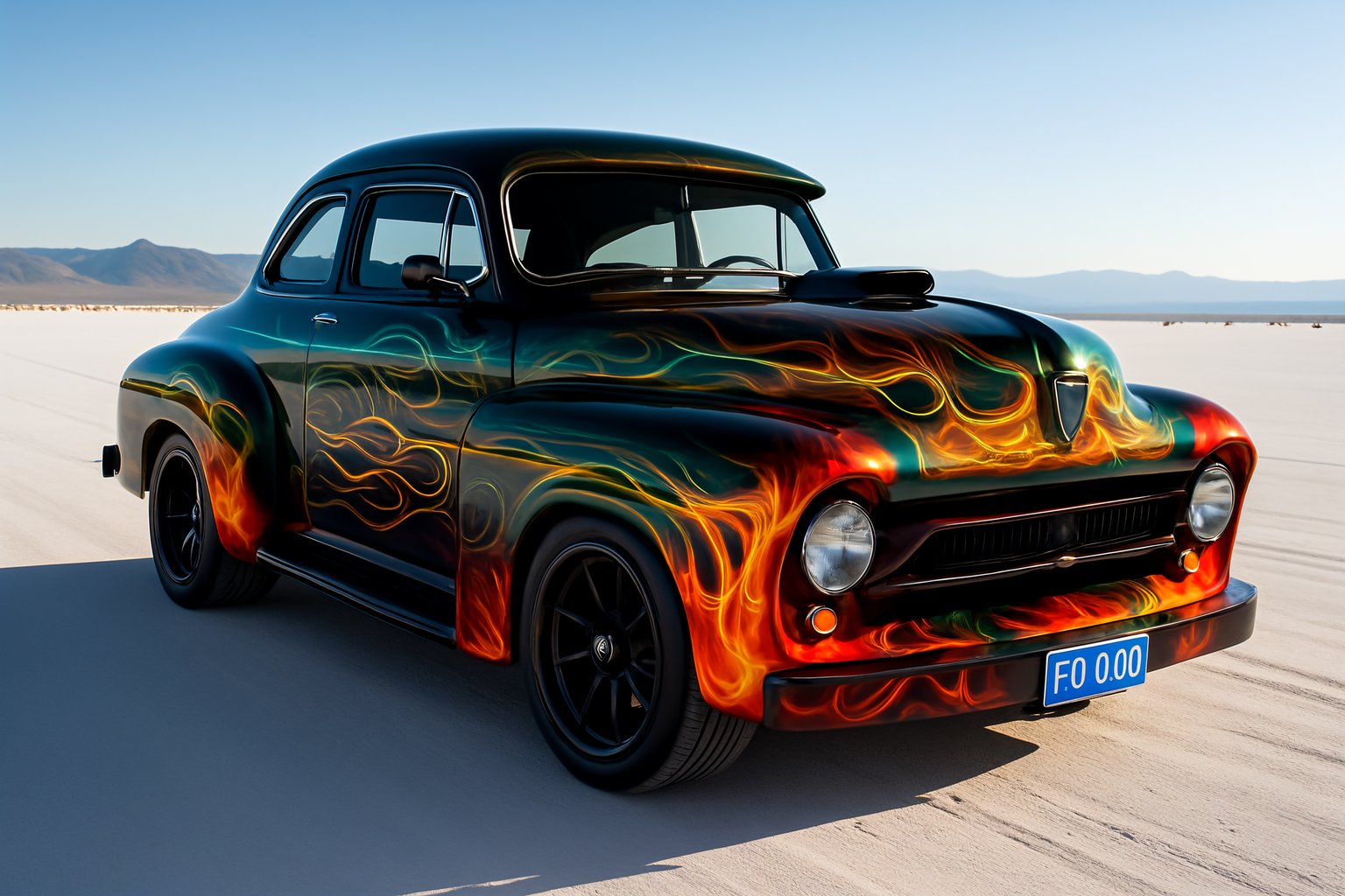 Classic coupe with fiery flame graphics on black finish