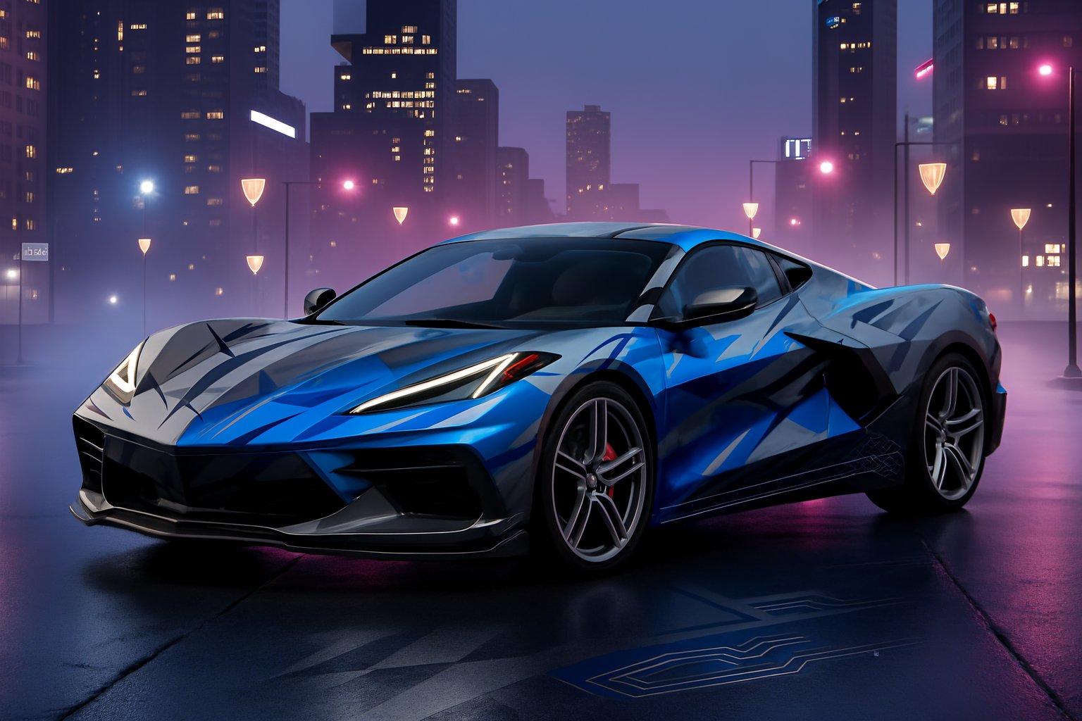 Sleek sports car with geometric blue gradient wrap