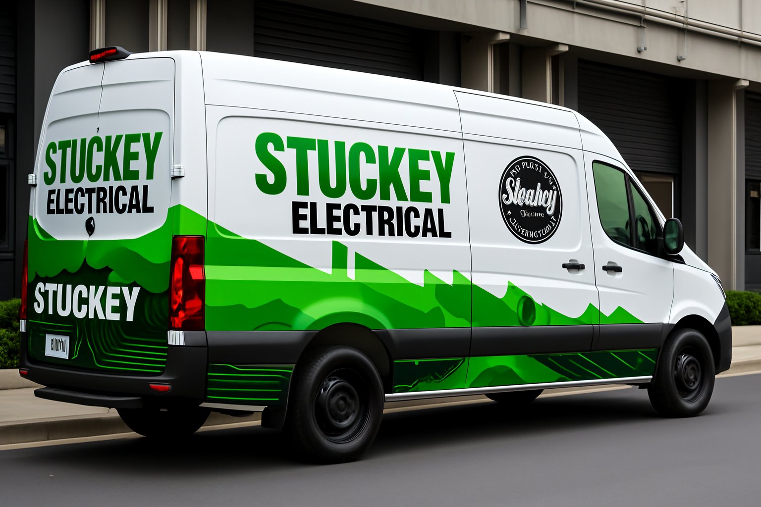 A white van with green graphics and the text STUCKEY ELECTRICAL and Stuckey, showcasing creative van wrap designs, is parked outside a building with closed garage doors.