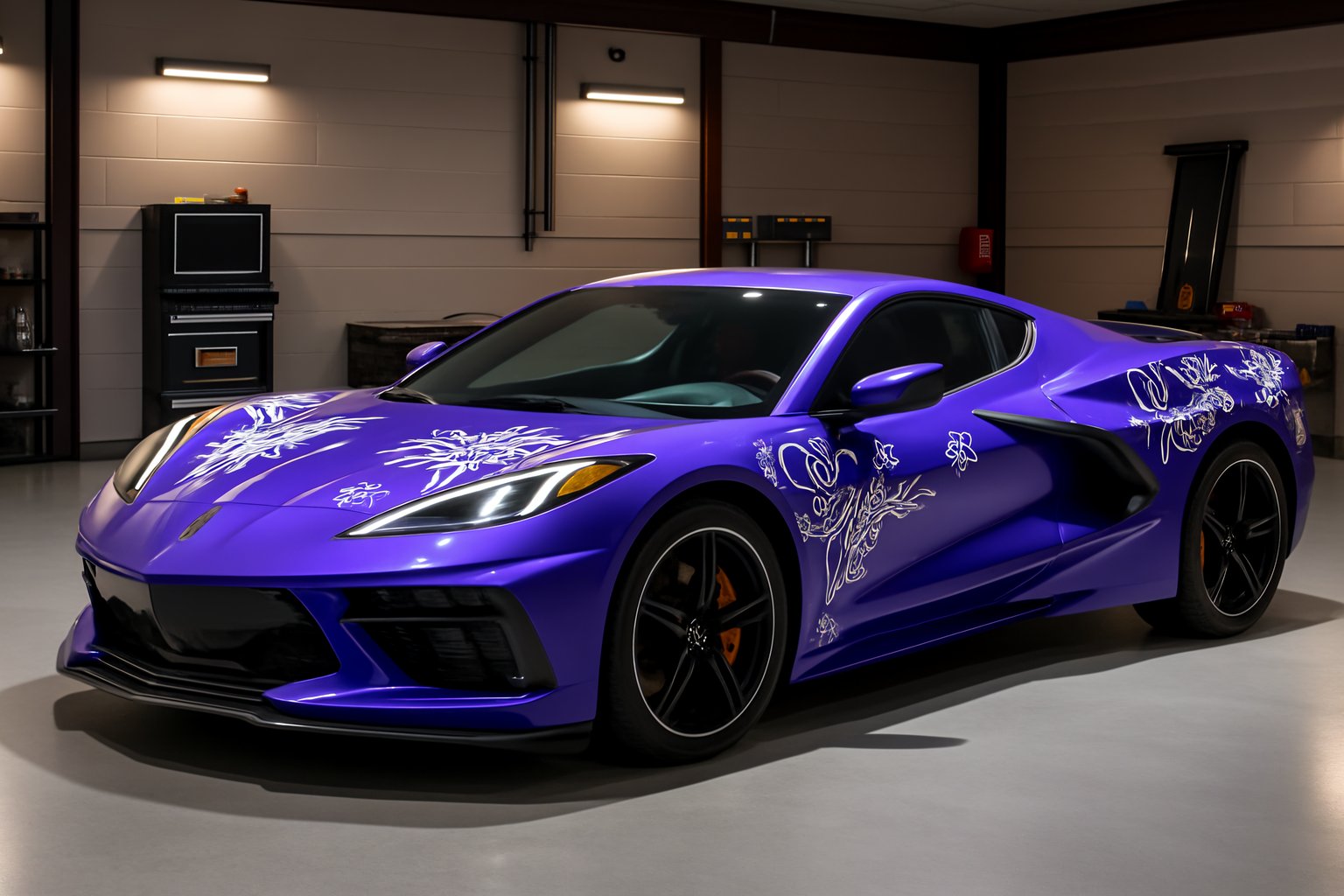 Royal Purple Sports Car with White Floral Design