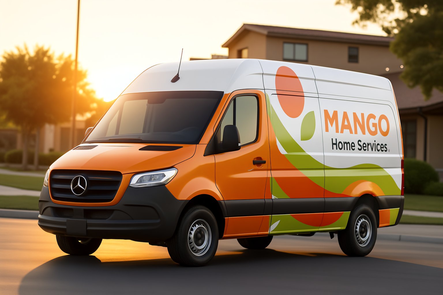 A colorful orange and white van with MANGO Home Services branding and eye-catching vehicle wraps is parked on a suburban street at sunset, with houses and trees in the background.