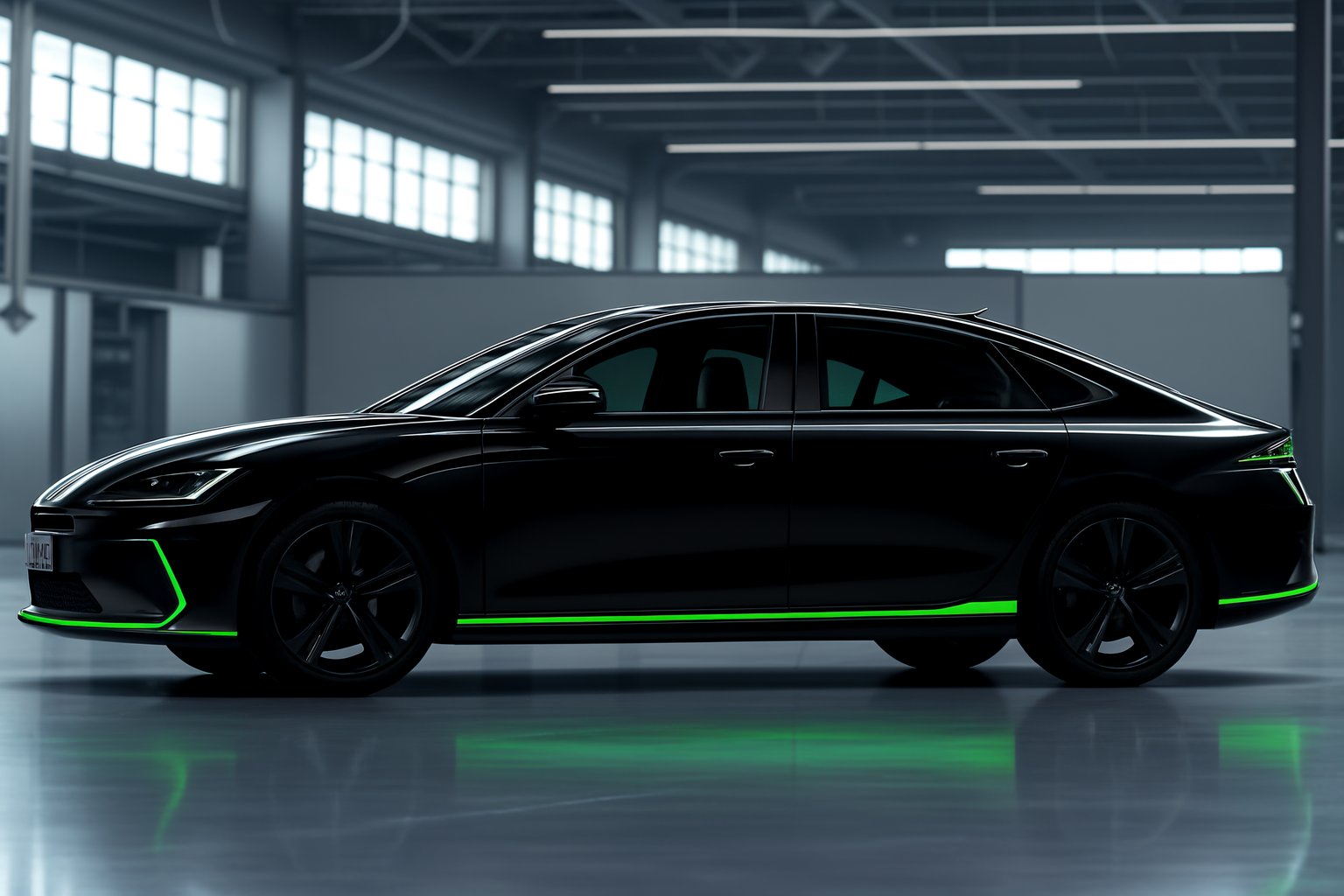 Futuristic black sedan with luminous green accents