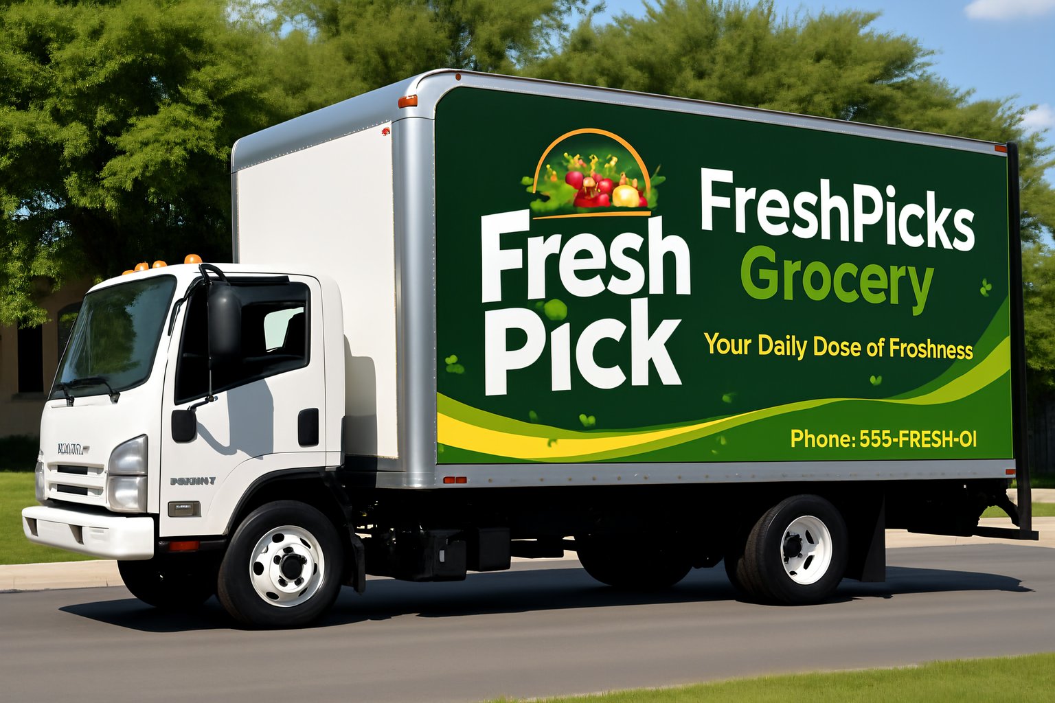 A white delivery truck with a large green box truck wrap reads Fresh Pick FreshPicks Grocery, Your Daily Dose of Freshness, plus a basket of produce and phone number: 555-FRESH-01. The truck is parked on a street.