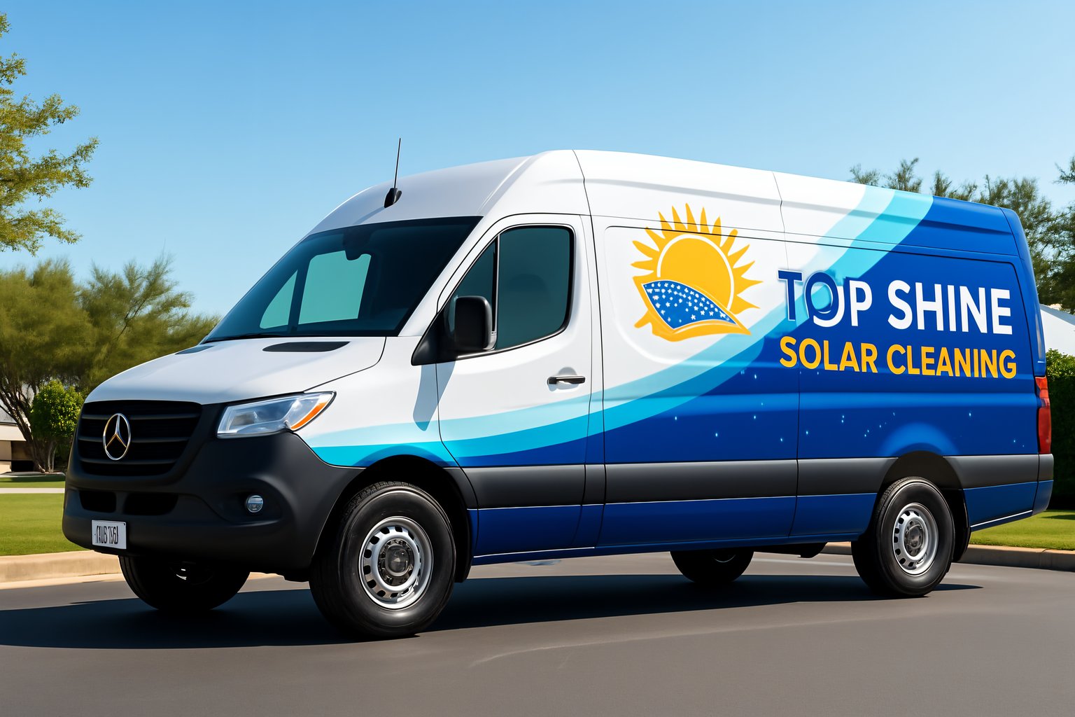 A blue and white van featuring Top Shine Solar Cleaning and a sun logo, enhanced with eye-catching van wrap designs, is parked on a sunny street lined with green trees under a clear blue sky.