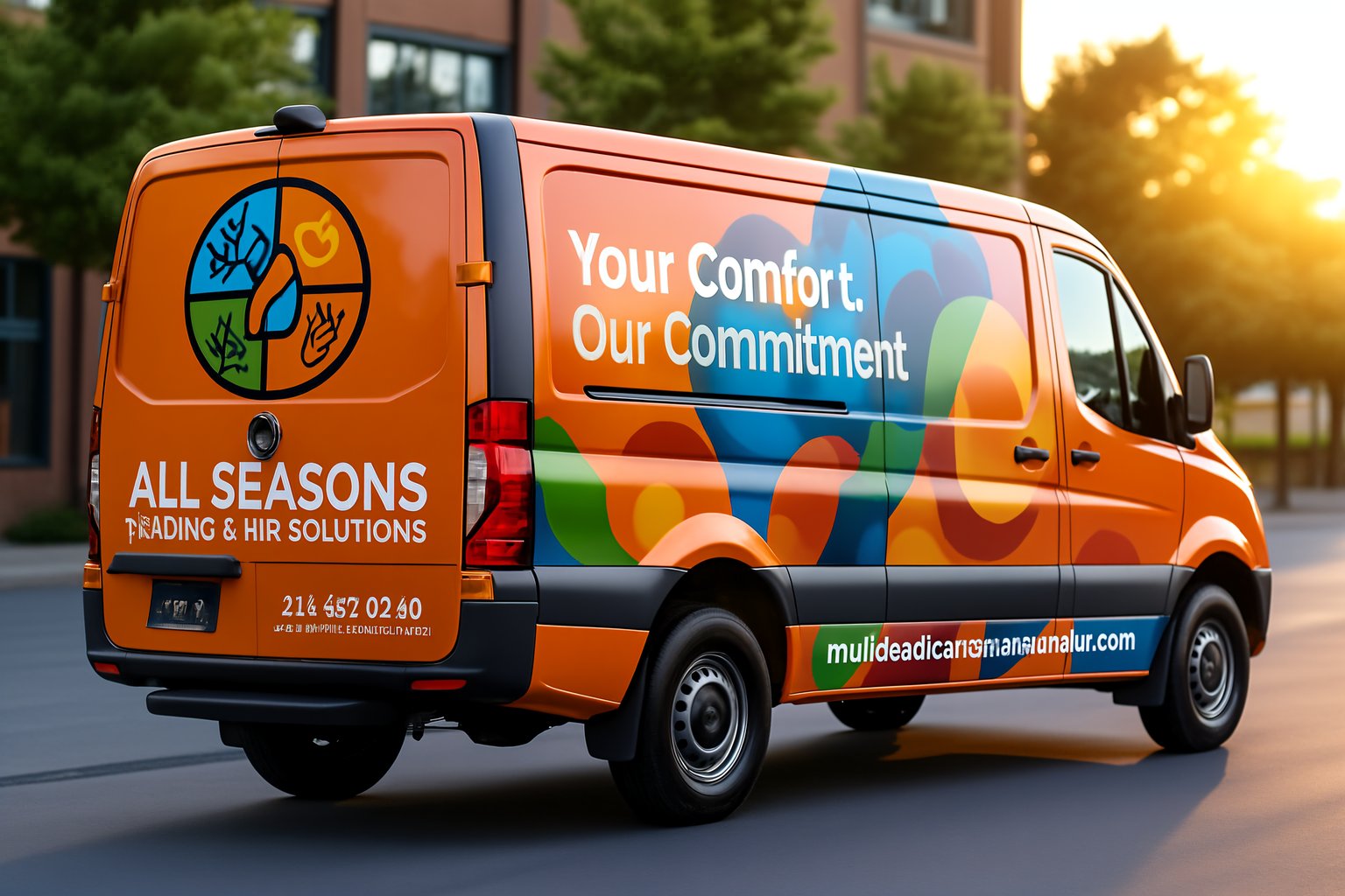 An orange van with vibrant vehicle wraps, displaying the ALL SEASONS HEATING &amp; AIR SOLUTIONS logo and Your Comfort. Our Commitment. It’s parked on a street near modern buildings at sunset.