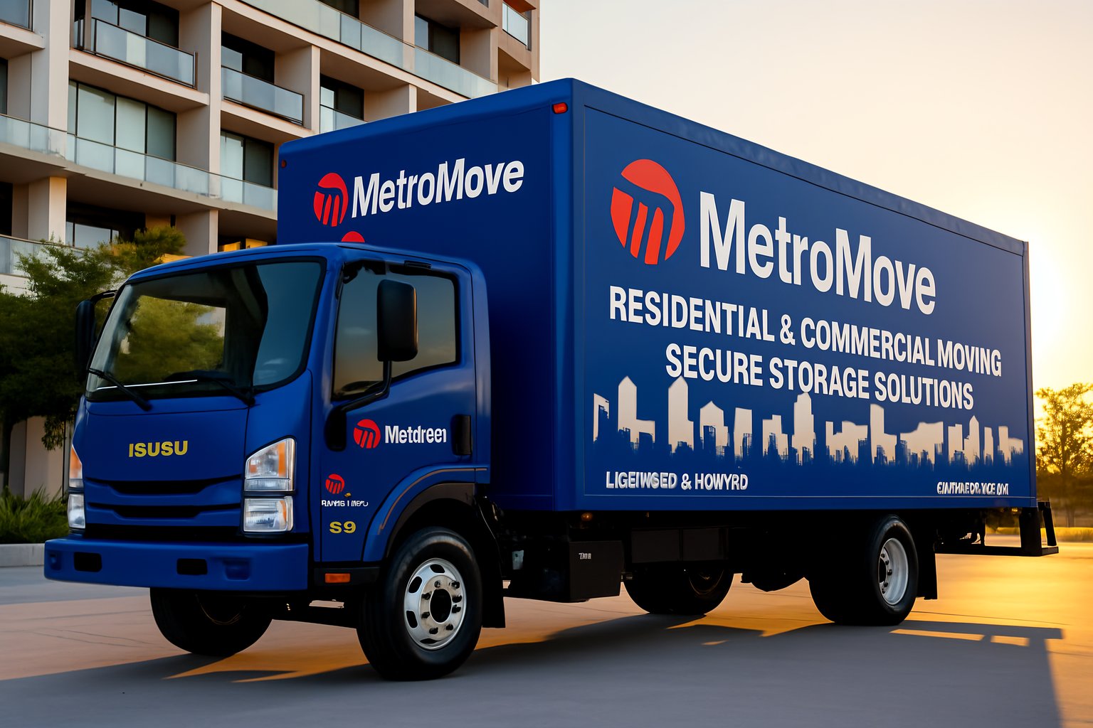 A blue MetroMove box truck with eye-catching box truck wraps is parked outside a modern apartment building. The truck advertises residential and commercial moving, secure storage solutions, and features striking city skyline graphics along its side.