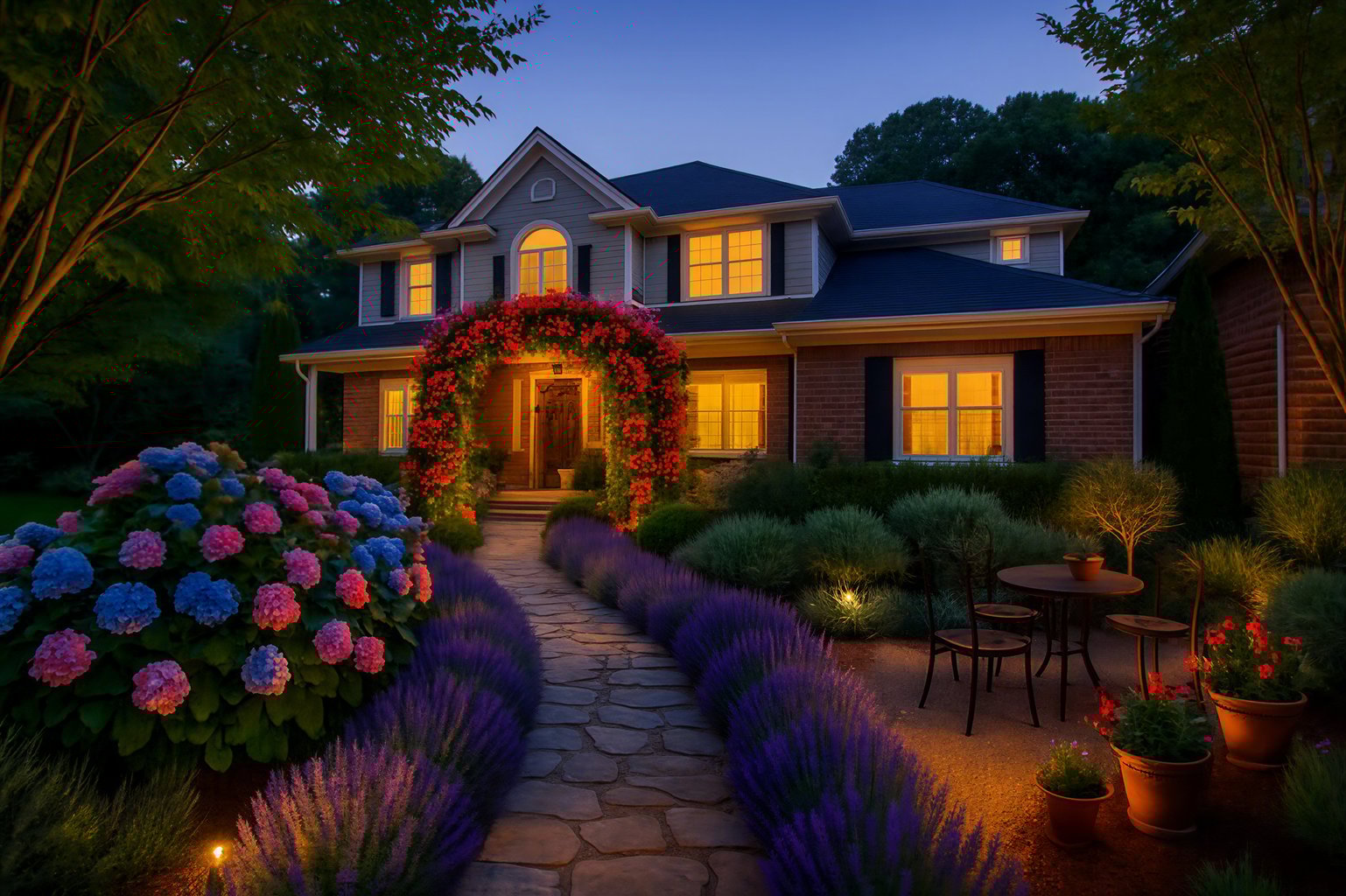 A cozy garden path bordered by vibrant flowers leads to a warmly lit house at dusk.