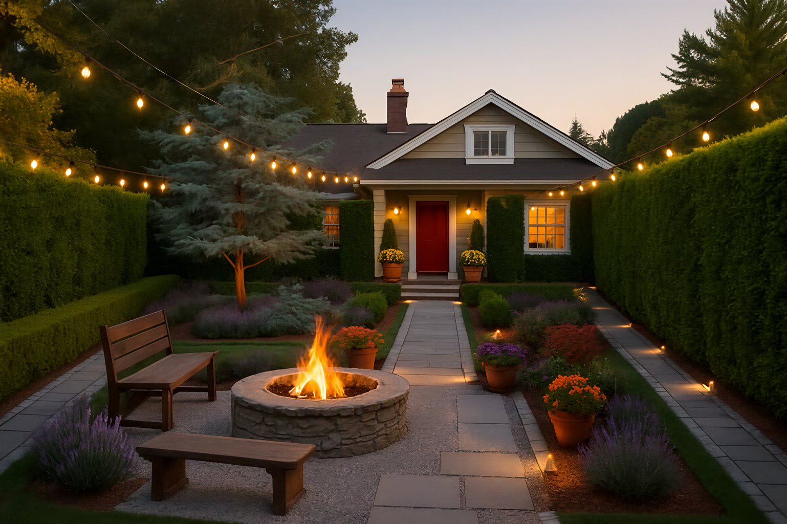 Cozy backyard with a central fire pit, string lights, potted flowers, and a charming cottage backdrop at dusk.
