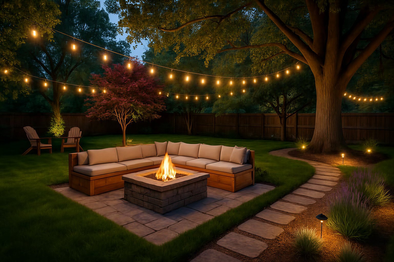 Cozy backyard with a fire pit, string lights, and lush trees under a starry sky.