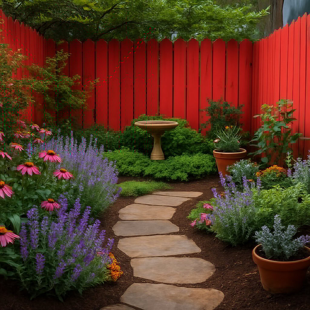 A cozy garden with vibrant red fence, stone path, diverse flowers, and a birdbath centerpiece.