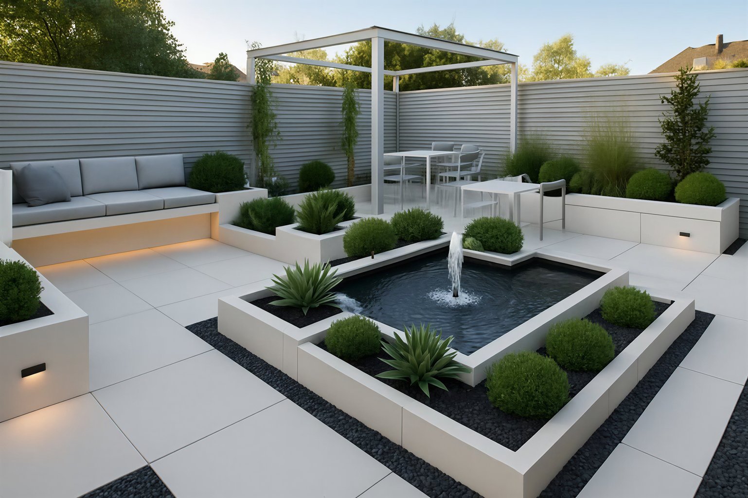 A contemporary patio with a central water feature, minimalist seating, and geometric plant arrangements.