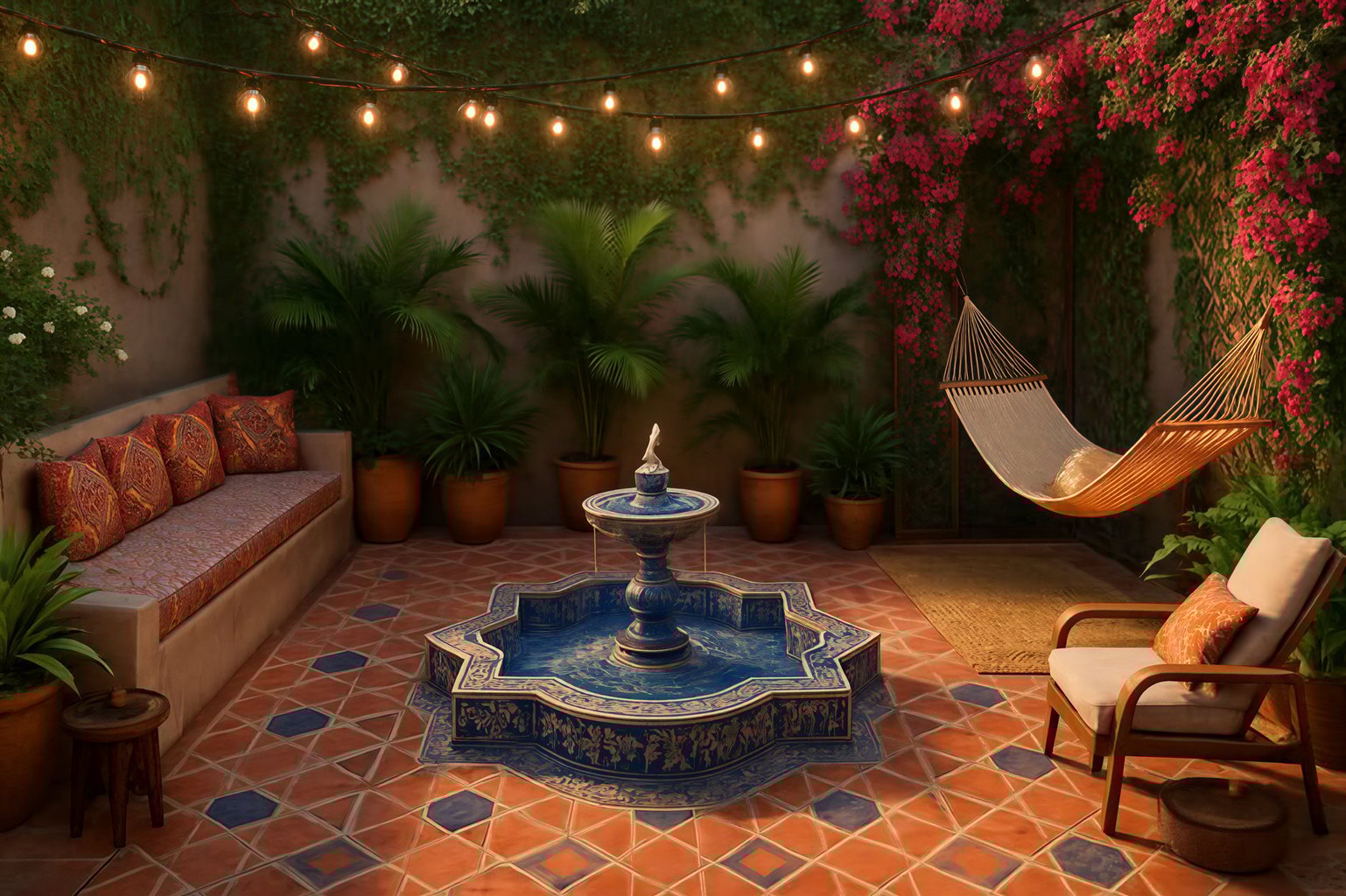 A cozy patio with a tile fountain, string lights, hammock, and lush plants.