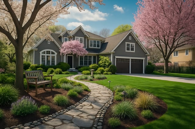Charming suburban yard with stone path, flowering trees, manicured shrubs, and a cozy bench under pink blossoms.